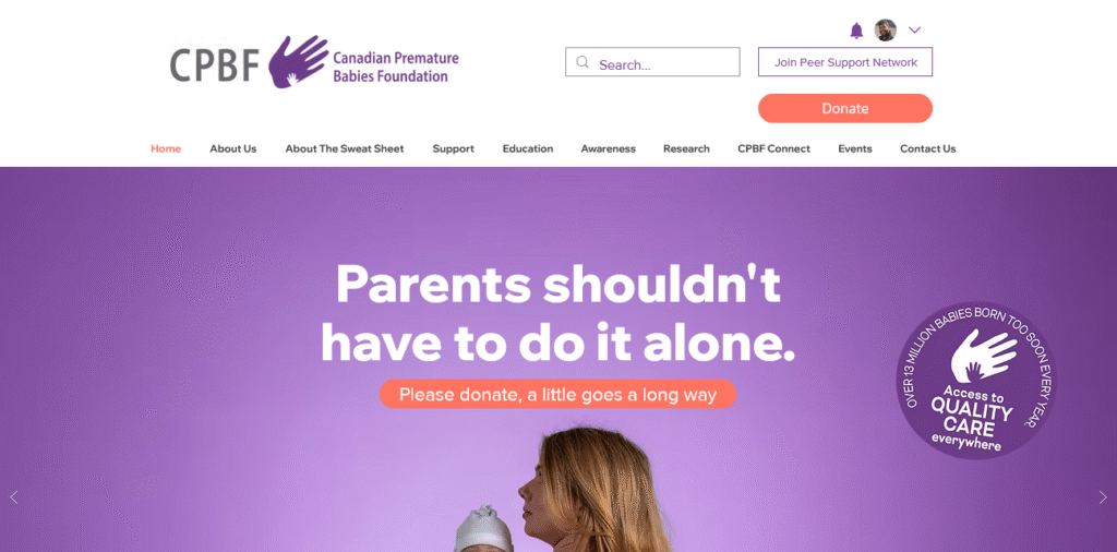 Canadian Premature Babies Foundation website homepage